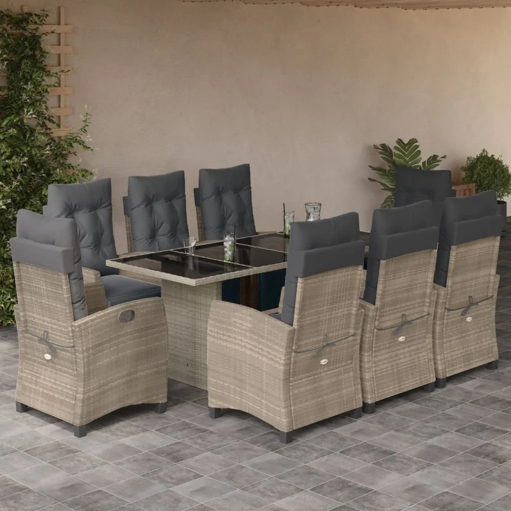 3212931 vidaXL Set mobilier grădină cu perne, 9 piese, gri deschis, poliratan