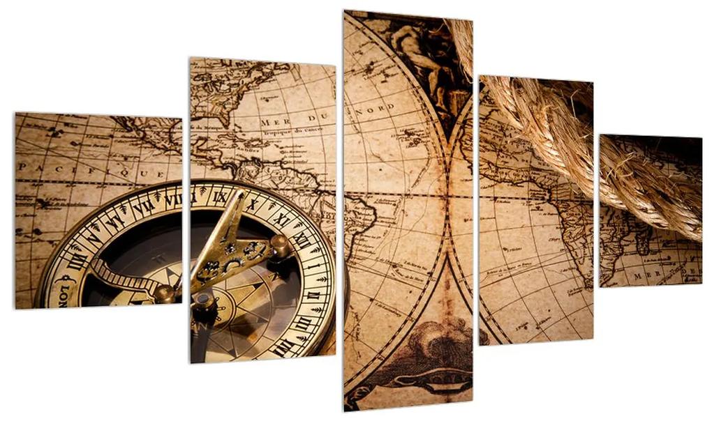 Tablou cu harta lumii și busolă (125x70 cm), în 40 de alte dimensiuni noi