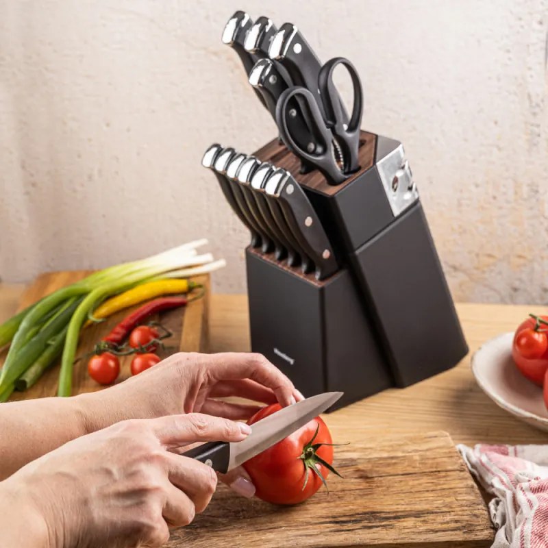 Set cuțite Klausberg KB 7985, 13 piese, Oțel inoxidabil, Mâner + ascuțitor, Negru