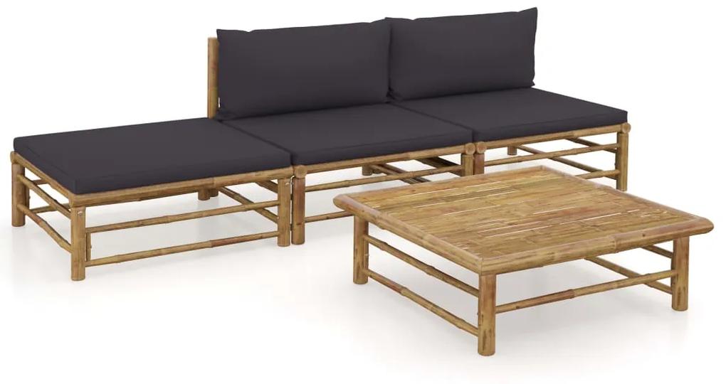 3058244 vidaXL Set mobilier de grădină, 4 piese, perne gri închis, bambus