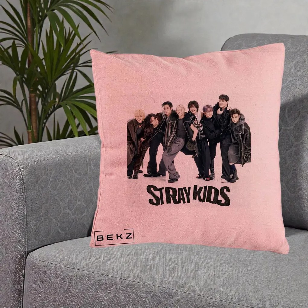 Perna Personalizata K-pop Stray Kids Outfit Negru, 40x40 cm, Roz, Husa Detasabila, Perna Inclusa, BEKZ®