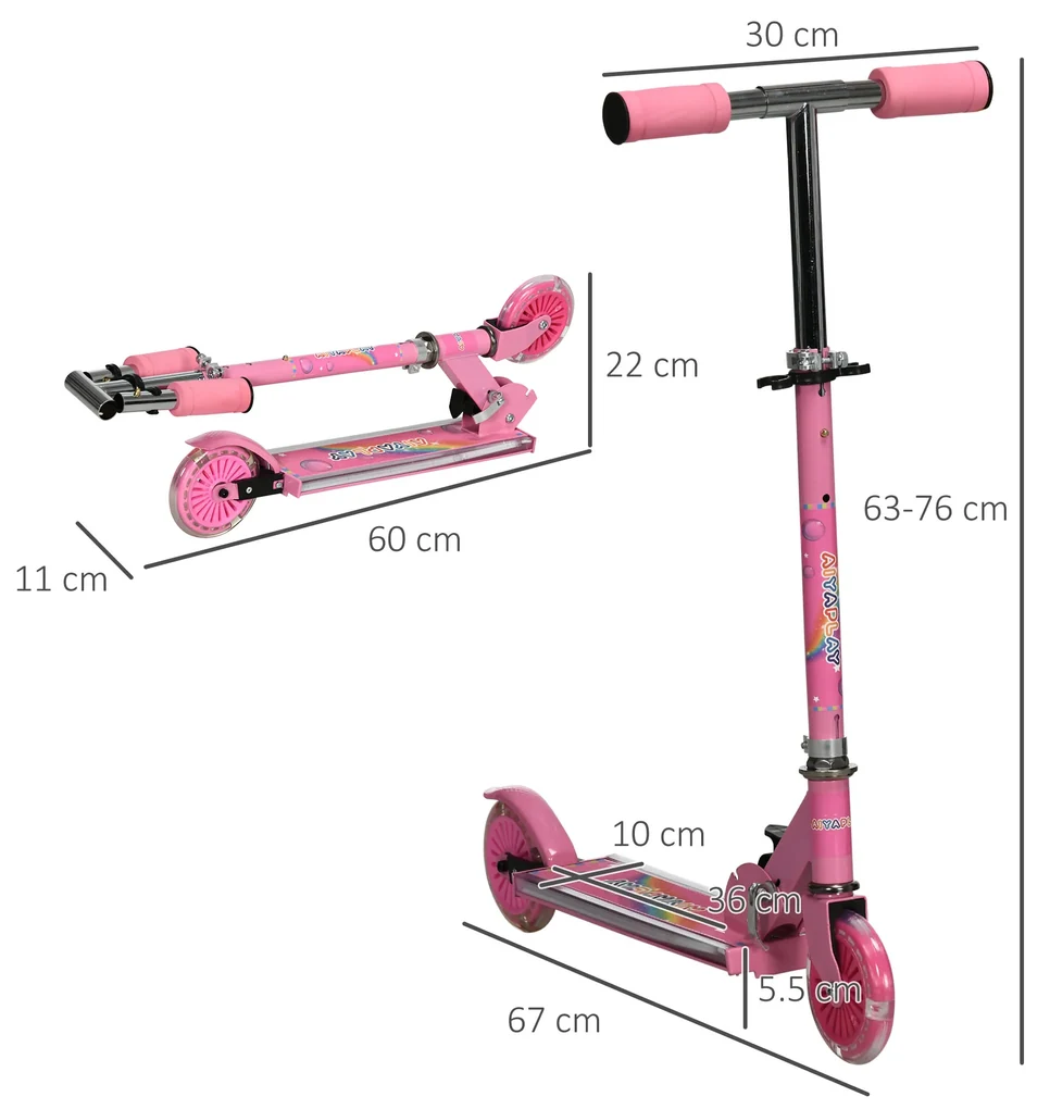 HOMCOM Trotinetă cu Lumini și Muzică pentru Copii 3-7 Ani, Ghidon Reglabil, Cadru Pliabil, Roti LED, Roz | Aosom Romania