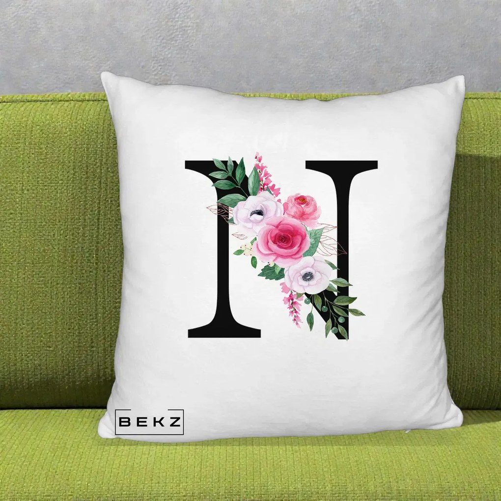 Cadou Personalizat - Perna Personalizata Monograma Florala Litera N, 40x40 cm, Alb Pufos, Husa Detasabila, Perna Inclusa, BEKZ®