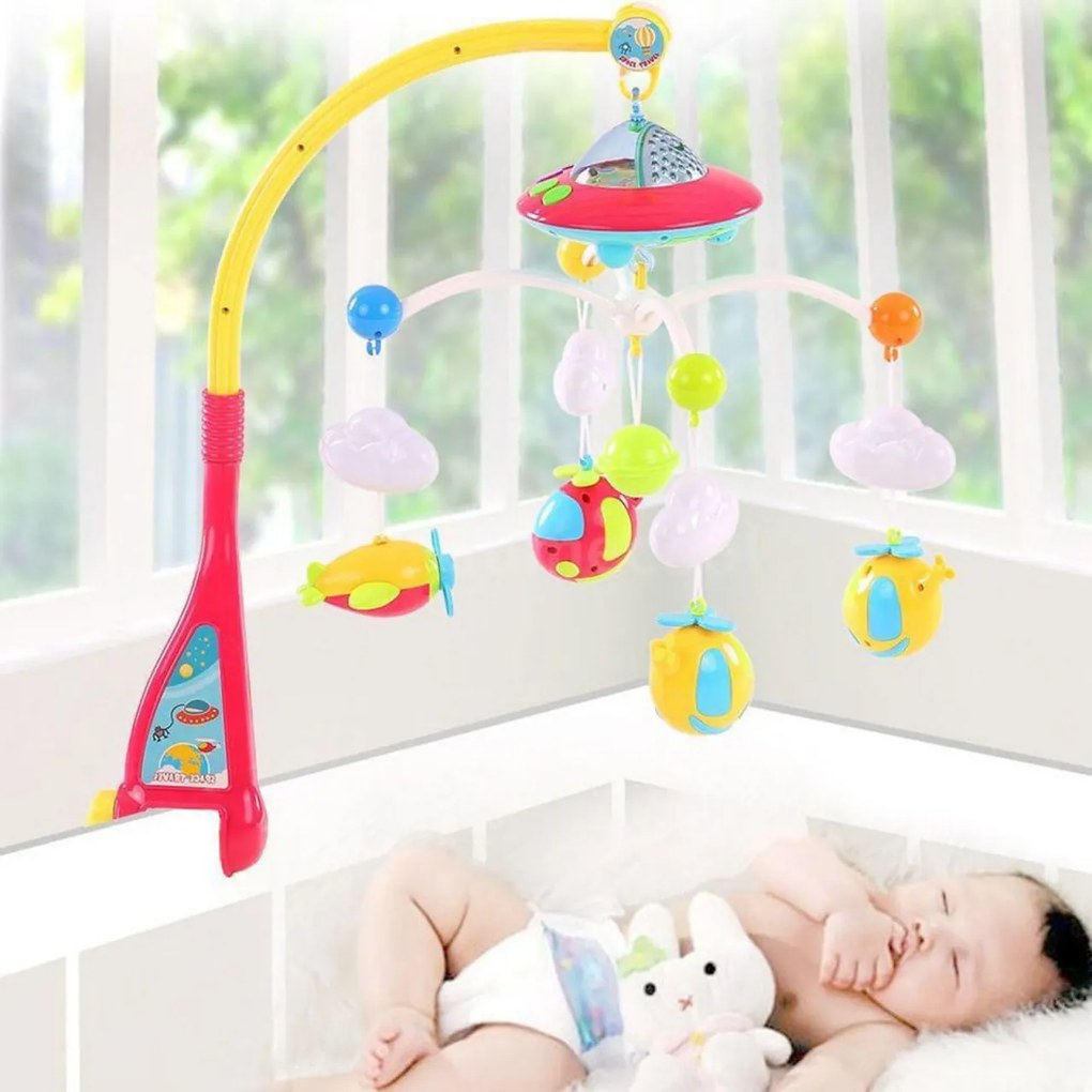Carusel Patut Bebelusi Muzical cu Telecomanda NOVOKIDS™ Dream World, Cu Proiectie Tavan, Miscari Circulare Lente, Volum Reglabil, Avioane