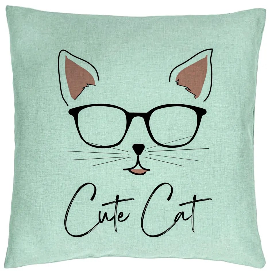 Perna Decorativa, Model Cute Cat, 40x40 cm, Verde Menta, Husa Detasabila, Burduf