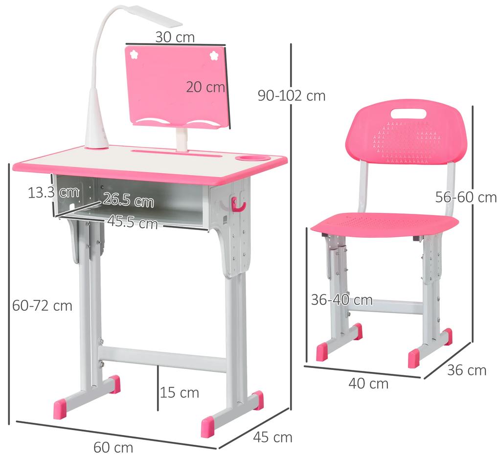 Banca cu scaun pentru copii 6-12 ani cu pupitru, suport stilou, carlig si lampa roz HOMCOM | Aosom RO
