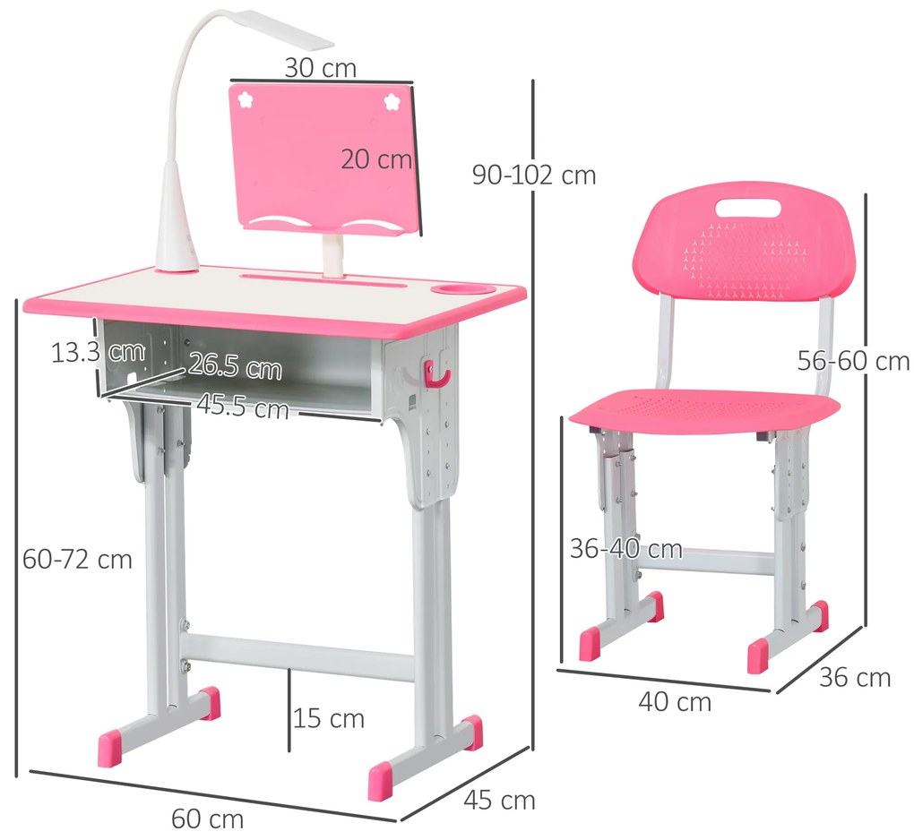 Banca cu scaun pentru copii 6-12 ani cu pupitru, suport stilou, carlig si lampa roz HOMCOM | Aosom Romania