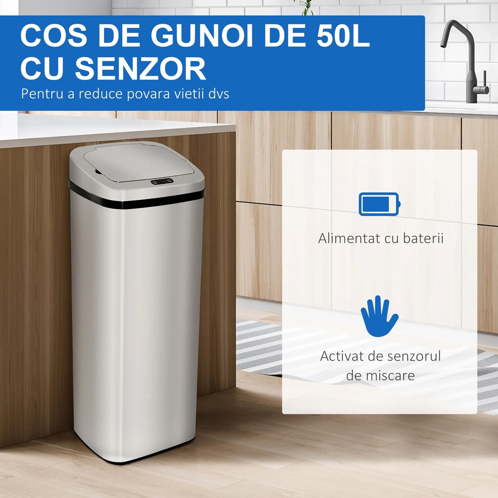 Cos de gunoi cu senzor si infrarosu,din inox HOMCOM, 50L | Aosom Romania