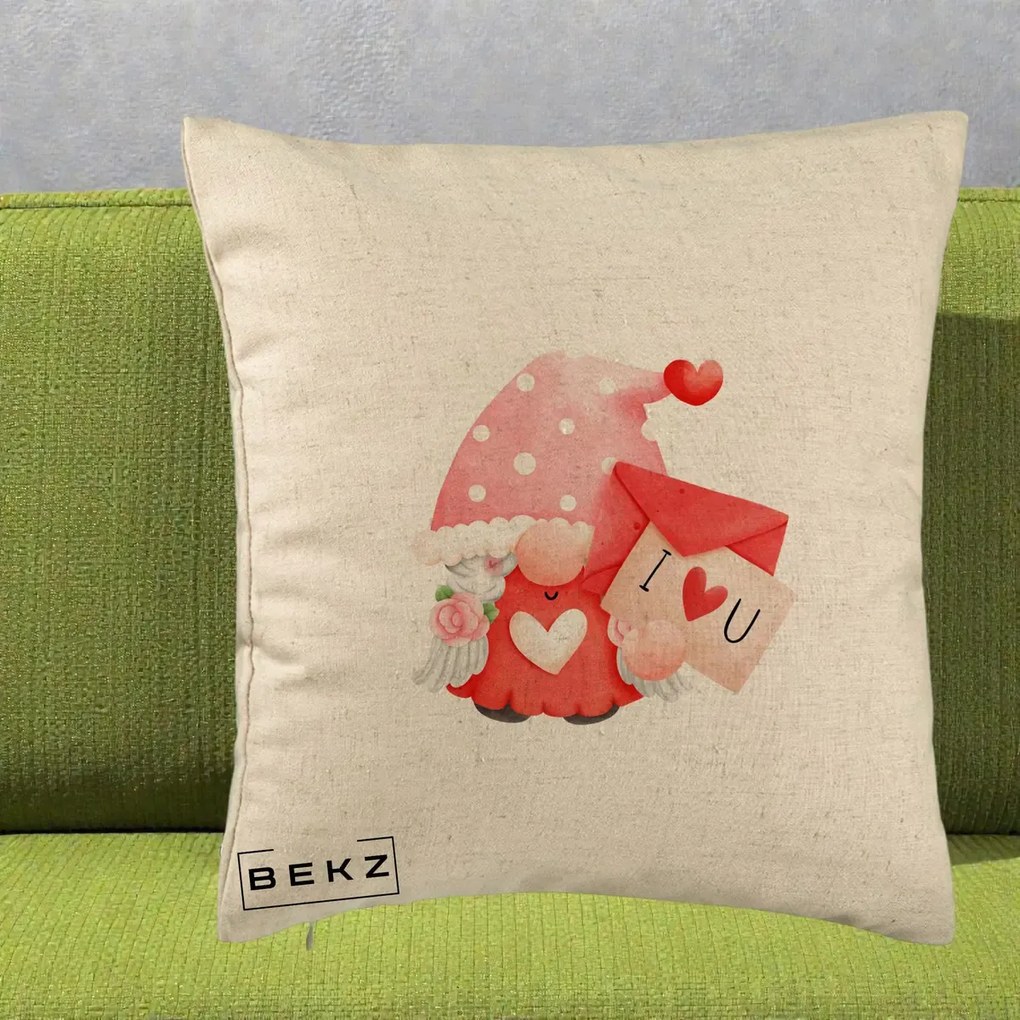 Cadou Romantic - Perna Personalizata I Love You Gnome Valentine cu Scrisoare, 40x40 cm, Bej, Husa Detasabila, Perna Inclusa, BEKZ®