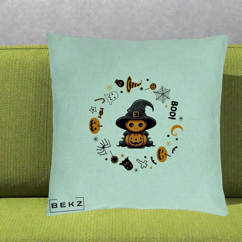 Perna Decorativa Halloween Dovleac Vrajitor Boo cu Simboluri, 40x40 cm, Verde Menta, Husa Detasabila, Perna Inclusa, BEKZ®