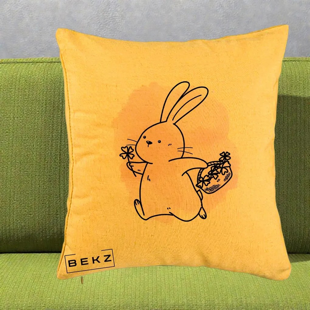 Perna Decorativa Iepuras Kawaii cu Cosulet Floral, 40x40 cm, Galben, Husa Detasabila, Perna Inclusa, BEKZ®