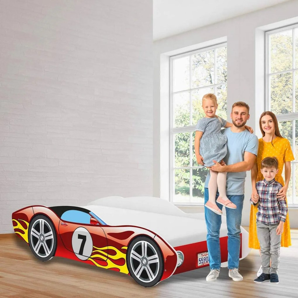 Pat tip masinuta pentru copii NOVOKIDS™ CORVETTE, 160x80 CM, Set cu Saltea din Spuma MATSEN® 10 CM Inclusa, Somiera Sistem FLEX, Cu Protectii