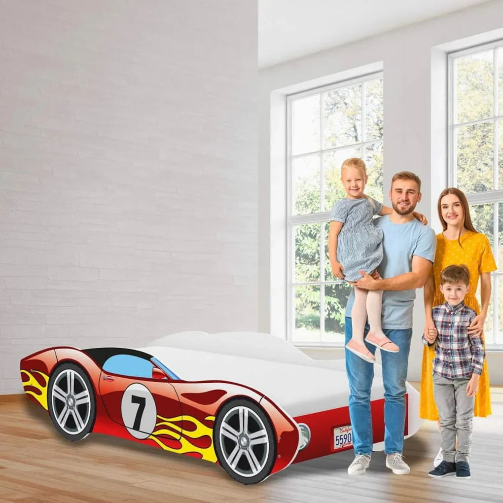 Pat tip masinuta pentru copii NOVOKIDS™ CORVETTE, 160x80 CM, Set cu Saltea din Spuma MATSEN® 10 CM Inclusa, Somiera Sistem FLEX, Cu Protectii