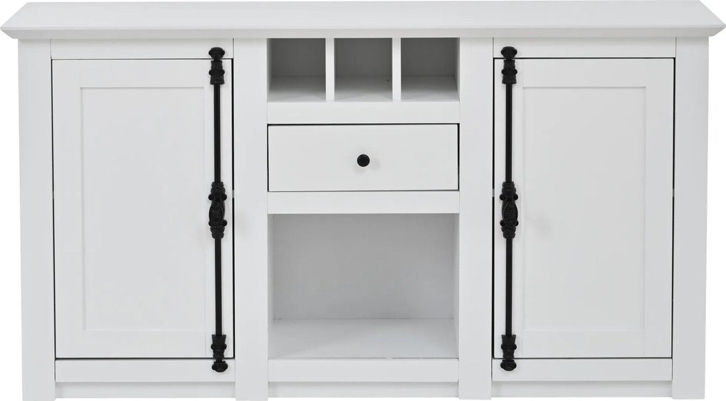 Bufet modern cu 2 uși, 1 sertar, spațiu semideschis de depozitare și 3 rafturi pentru vin, 130x35x70 cm, Alb