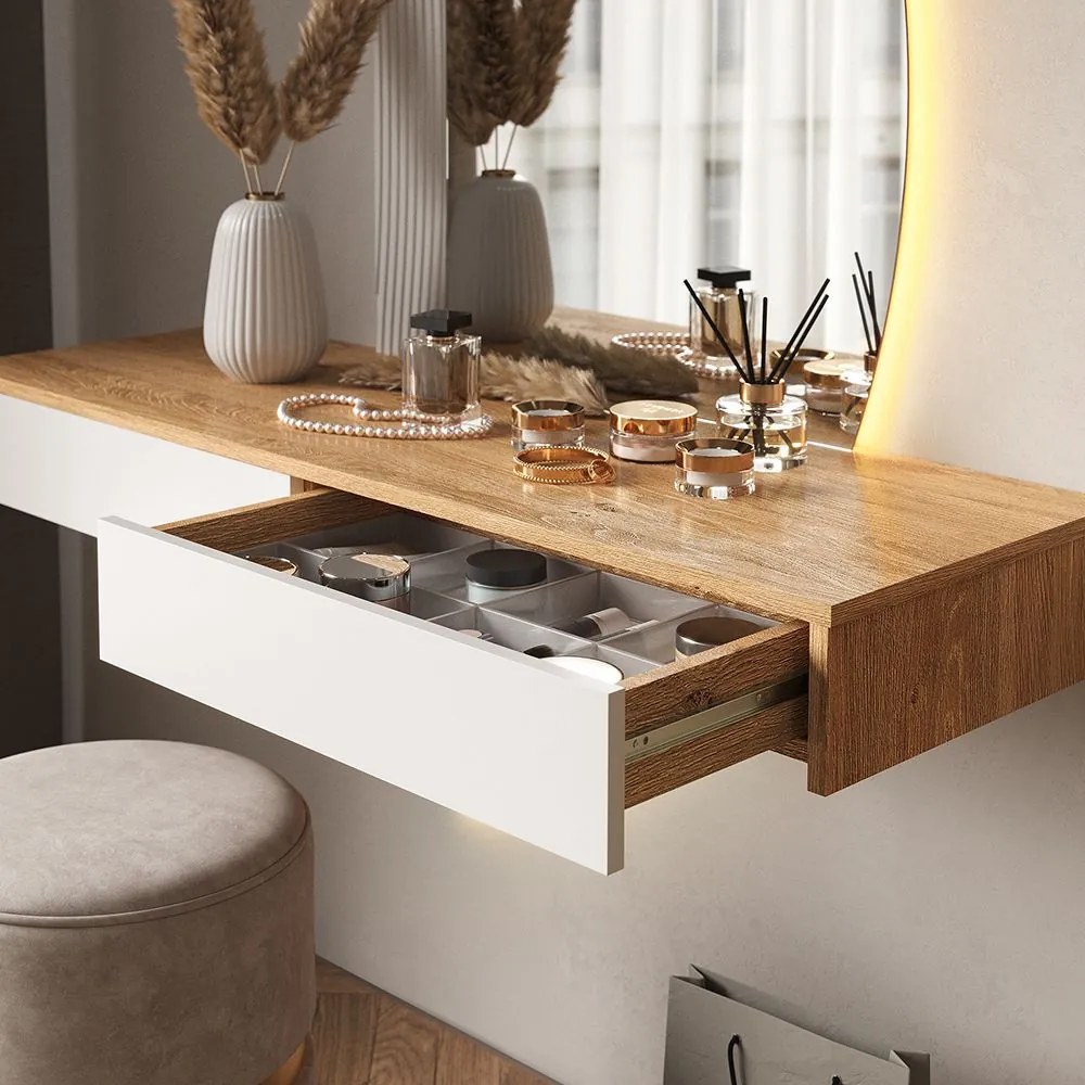 Masuta machiaj cu Oglinda LED si 2 Sertare pentru Cosmetice, Set Masa toaleta 120 cm, Alb, masuta vanity cu Riflaj, cosmetica - SEM236