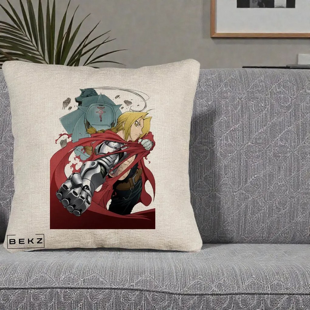 Perna Personalizata Fullmetal Alchemist Brotherhood Edward si Al Poster, 40x40 cm, Bej Canapea, Husa Detasabila, Perna Inclusa, BEKZ®