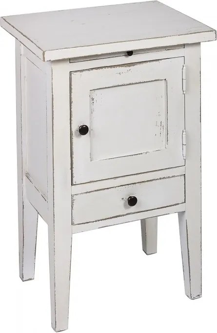 Noptieră vintage din lemn de pin, alb, cu ușă și sertar, poliță extractibilă și picioare conice, 70 x 45 x 35 cm, „Persienne”