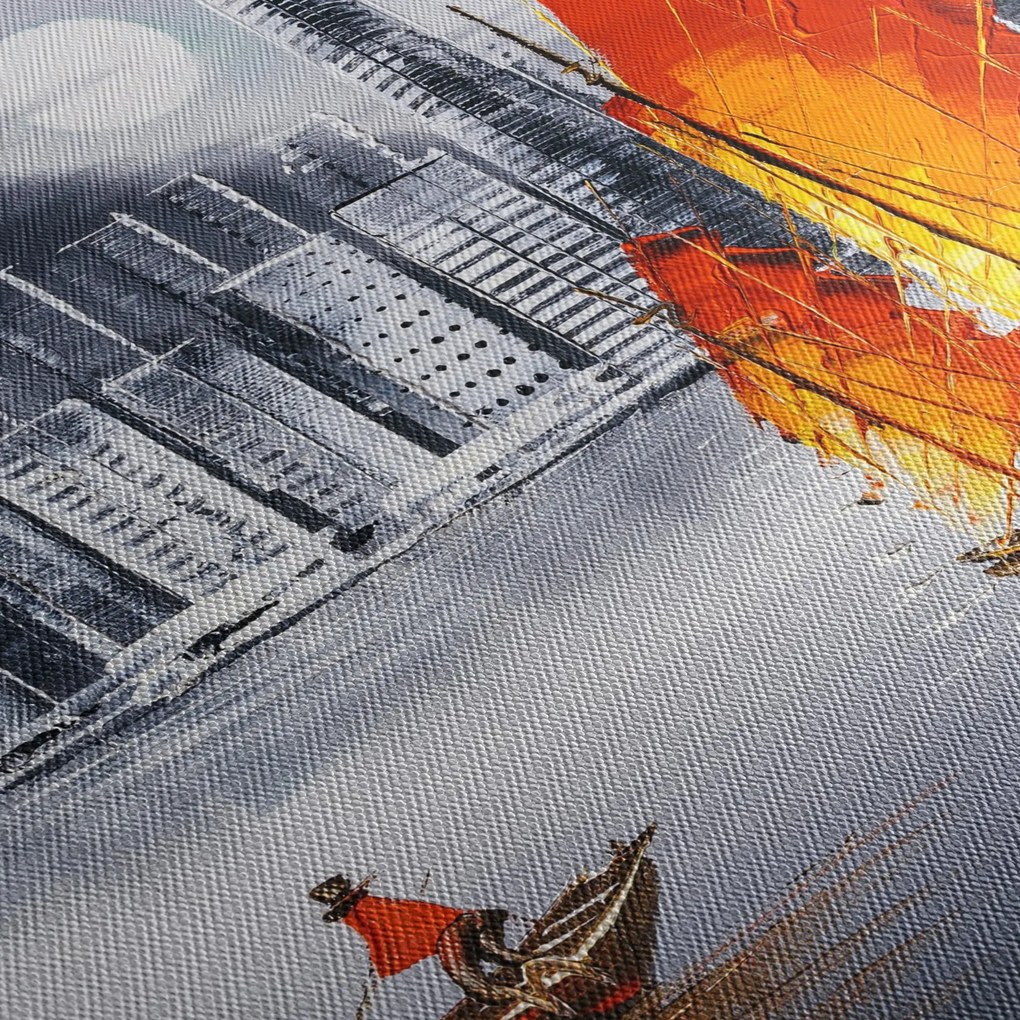 Tablou - Victoria Harbour, Hong Kong, pictură în ulei alb- negru (cu ceas) (90x30 cm)