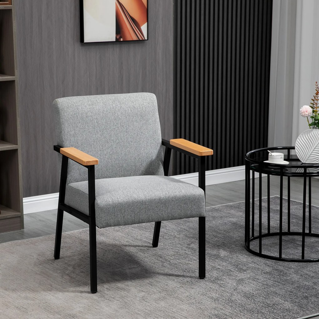HOMCOM Fotoliu de accent în design scandinav, fotoliu de repaus, fotoliu de accent, aspect de in, lemn de cauciuc, Gri + Negru + Maro | Aosom Romania
