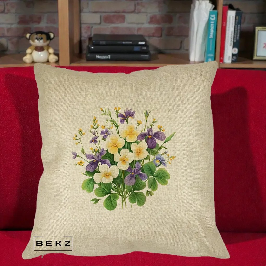 Perna Decorativa Viorele Iris Violet si Trifoi, 40x40 cm, Crem, Husa Detasabila, Perna Inclusa, BEKZ®