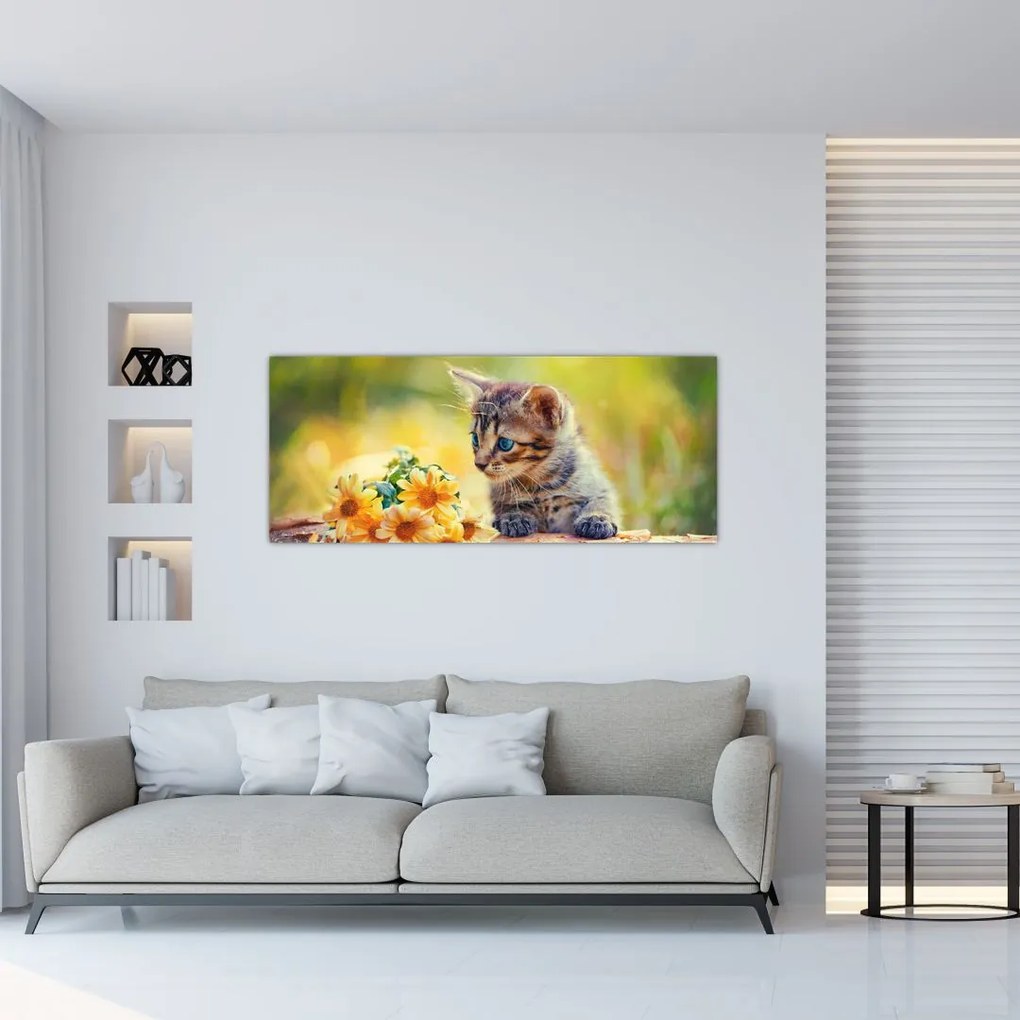 Tablou cu pisicuța uitându-se la floare (120x50 cm)
