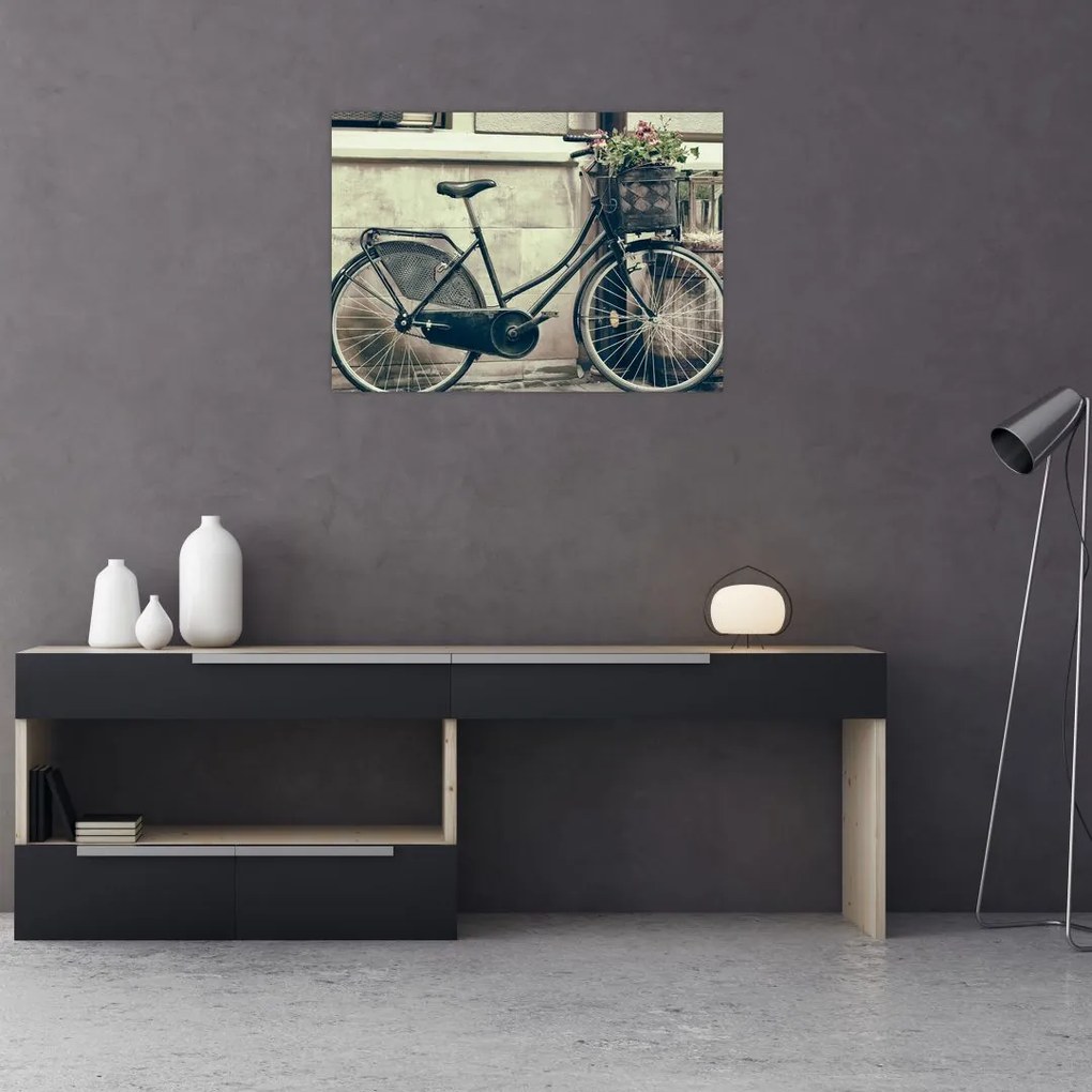 Tablou pe sticlă - Bicicleta de epocă cu flori (70x50 cm)