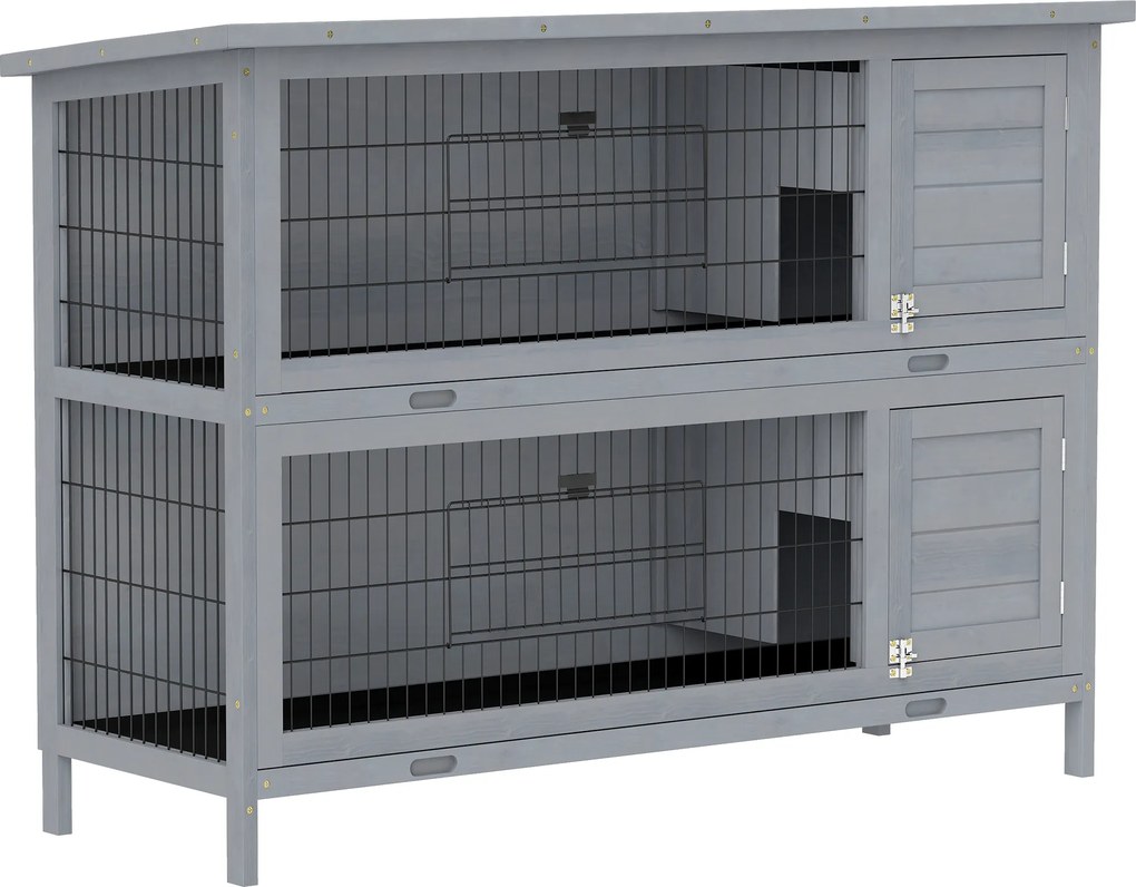 PawHut Cușcă pentru iepuri din lemn cu 2 etaje, acoperiș asfaltat, tavă de podea, uși pentru animale mici, 136,4 x 50 x 93 cm, Gri | Aosom Romania