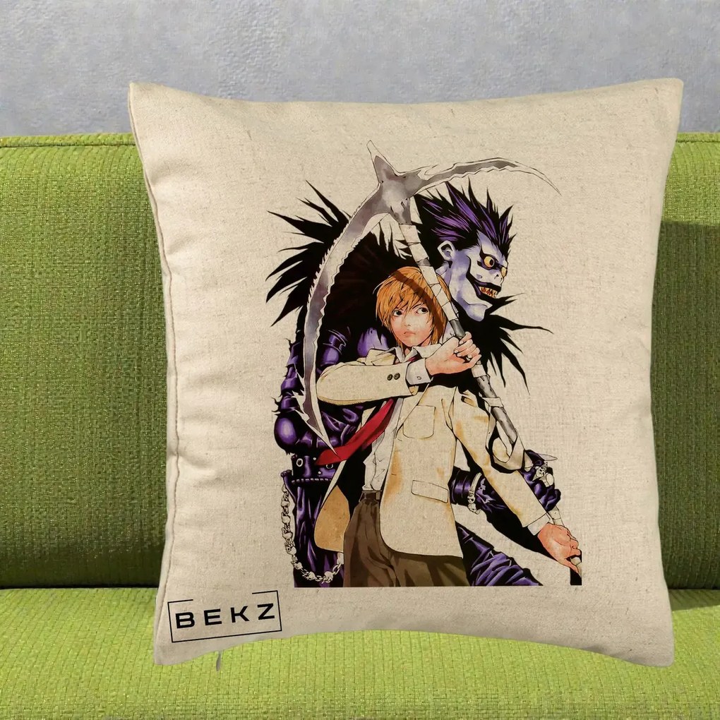 Perna Personalizata Death Note Light si Ryuk Duo, 40x40 cm, Bej, Husa Detasabila, Perna Inclusa, BEKZ®