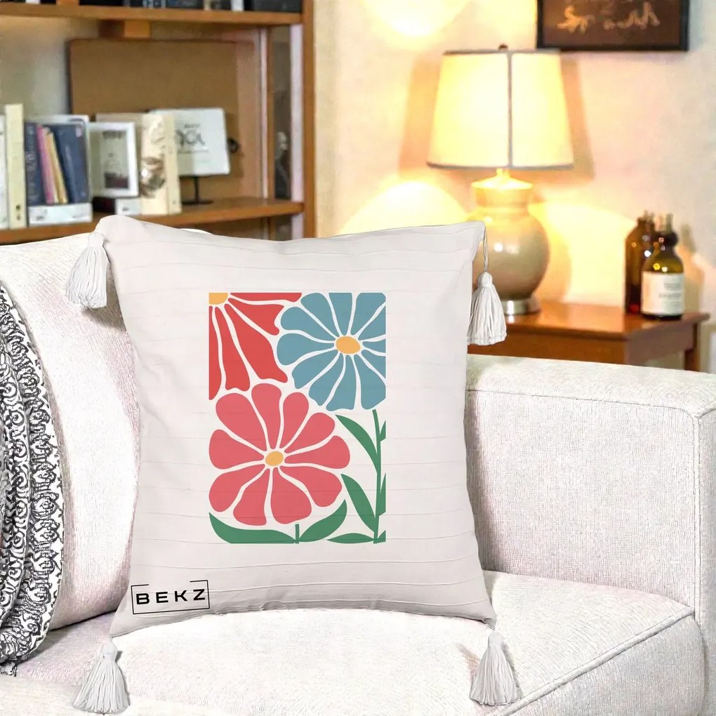 Perna Decorativa Flori Grafice Rosu-Albastru, 40x40 cm, Bej cu Franjuri, Husa Detasabila, Perna Inclusa, BEKZ®