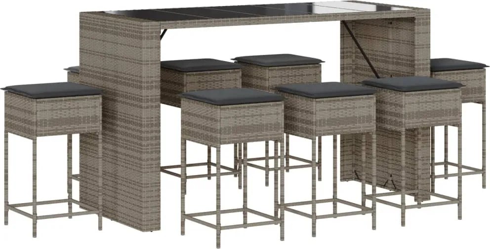 vidaXL Set mobilier bar de grădină, cu perne, 9 piese, gri, poliratan