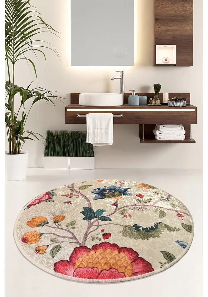 Covoraș de baie bej din catifea ø 100 cm Vintage Flower – Foutastic