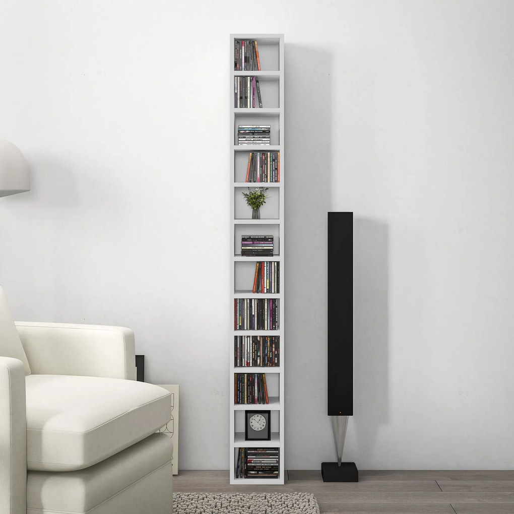 HOMCOM Raft Bibliotecă pentru CD-uri cu 12 rafturi, din MDF și panou aglomerat, 21x20x175 cm, Alb | Aosom Romania