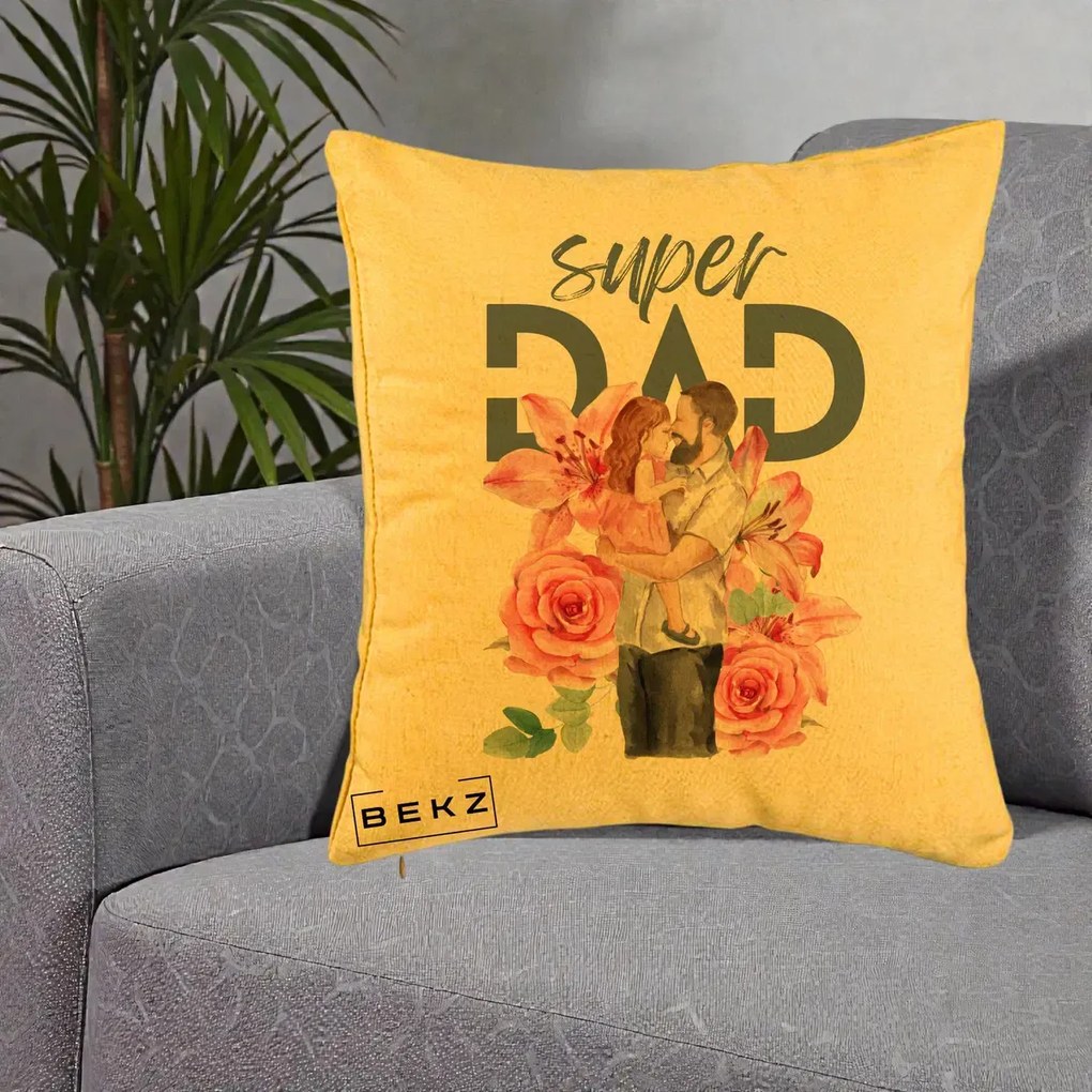 Cadou pentru Tata - Perna Personalizata Super Dad Tata cu Fetita si Flori, 40x40 cm, Galben, Husa Detasabila, Perna Inclusa, BEKZ®