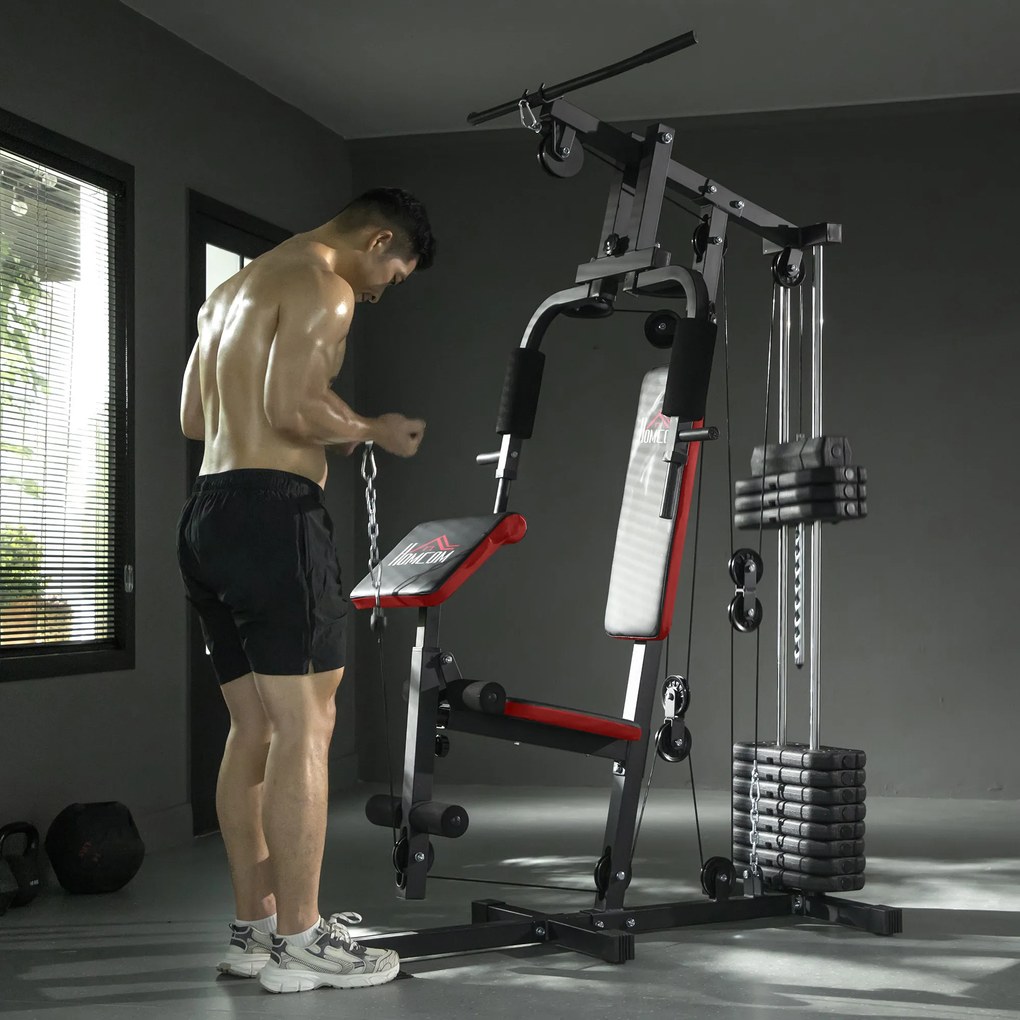 HOMCOM Power Tower Stație Fitness Greutăți 65kg, 135x103x210cm, Negru Roșu | Aosom Romania