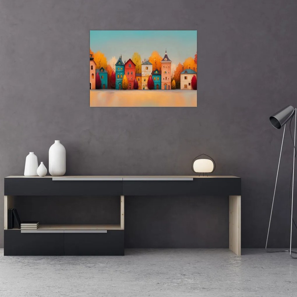 Tablou pe sticlă - Sat de toamnă (70x50 cm)