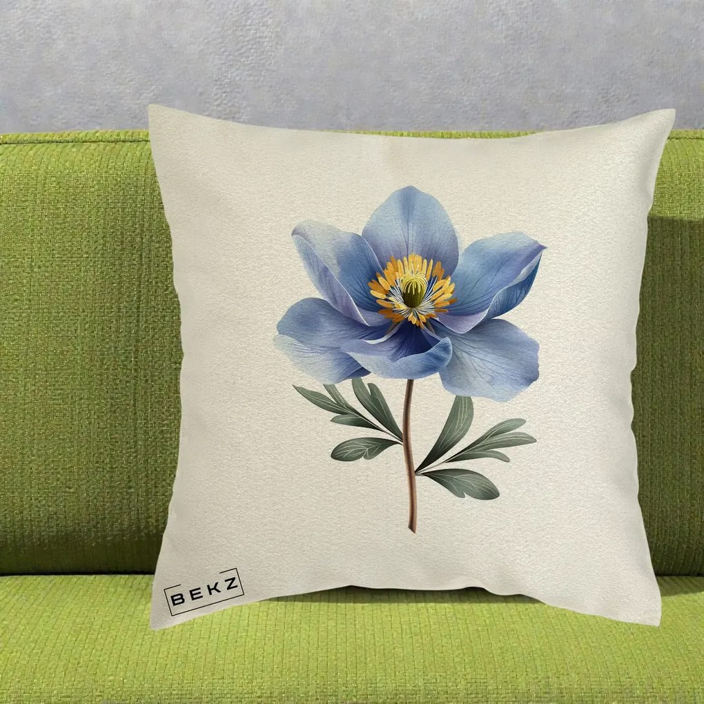Perna Decorativa Anemona Albastra Botanica, 40x40 cm, Ecru, Husa Detasabila, Perna Inclusa, BEKZ®