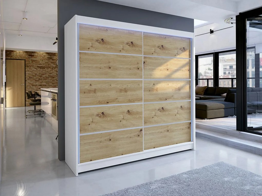 Dulap cu uși glisante Bastian IV (alb + stejar artizanal) (iluminare LED RGB colorată). 1060472