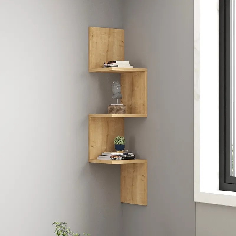 Etajera de colt de perete Insterra din melamina finisaj stejar, 25x25x105.5 cm
