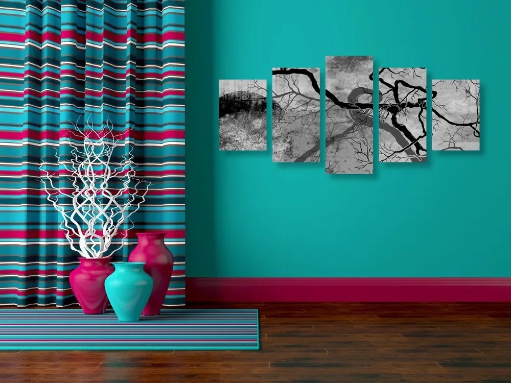 Tablou 5-piese copaci suprarealistici în design alb-negru