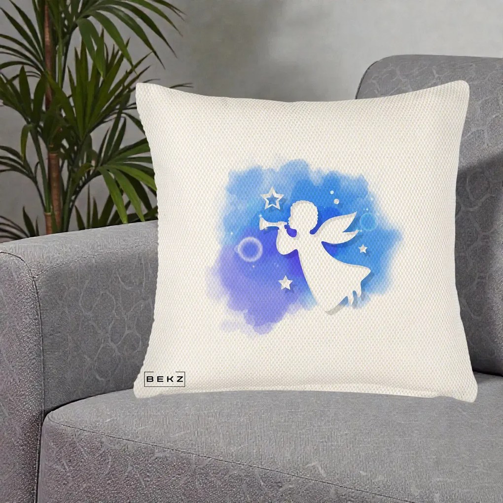Perna Decorativa Inger cu Trompeta Albastru, 40x40 cm, Crem Reliefat, Husa Detasabila, Perna Inclusa, BEKZ®