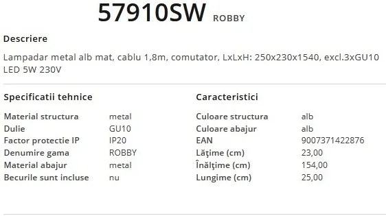 Lampadar / lampa de podea design modern Robby alb 57910SW GL