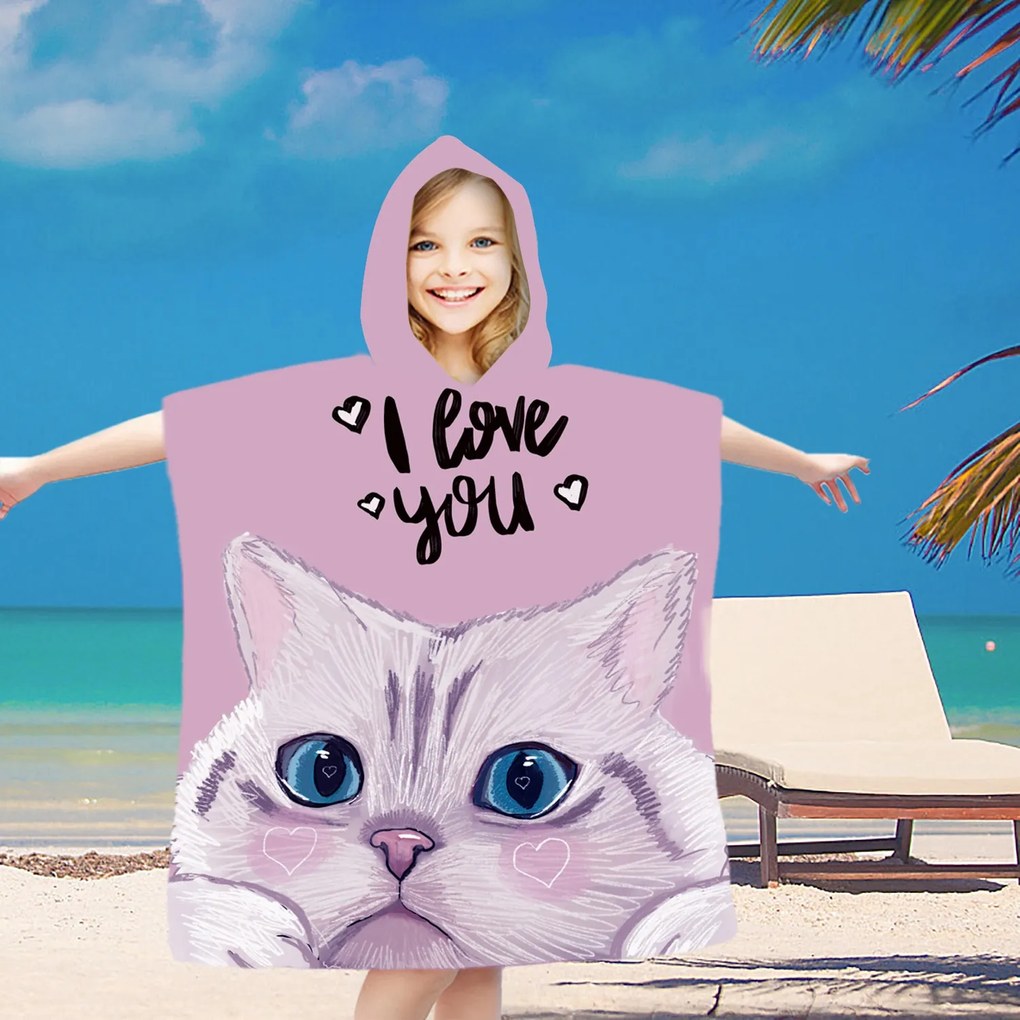 Poncho pentru copii CAT LOVE roz 60x90 cm