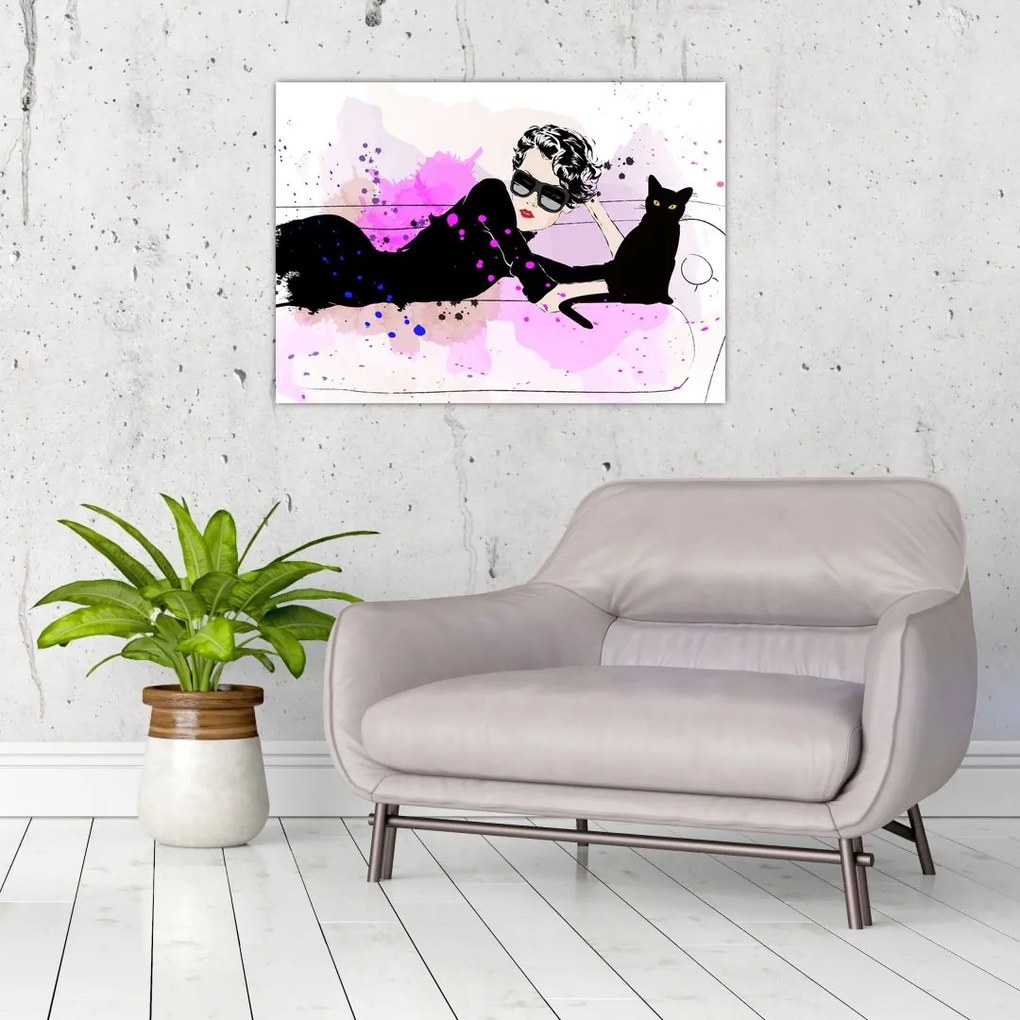 Tablou pe sticlă - Femeia cu pisică neagră (70x50 cm)
