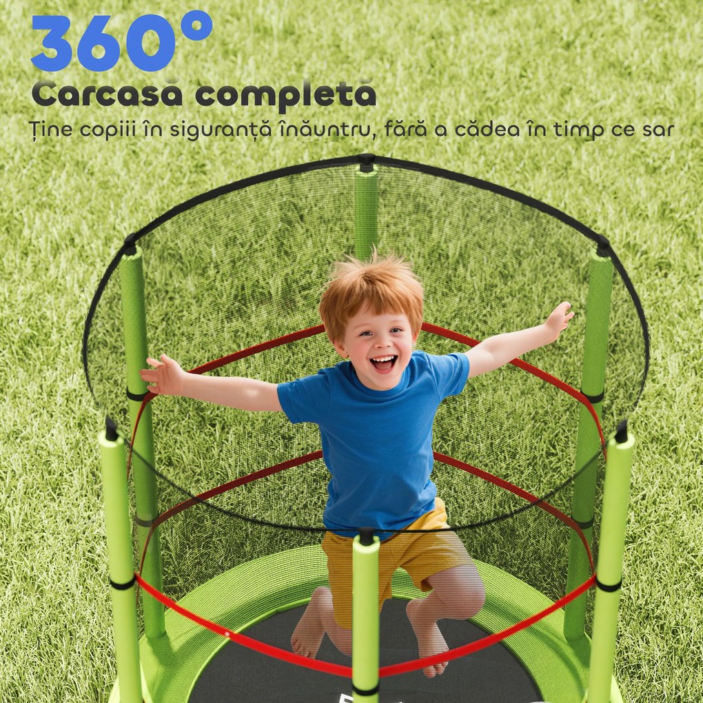 HOMCOM Saltea Elastică pentru Copii 3-6 Ani cu Plasă de Protecție, 6 Stâlpi și 3 Intrări, Ø140x190 cm, Verde | Aosom Romania