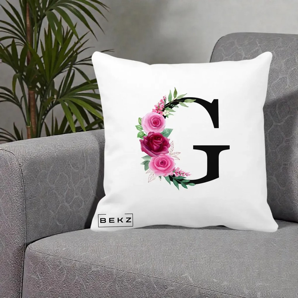 Cadou Personalizat - Perna Personalizata Monograma Florala Litera G, 40x40 cm, Alba Mata, Husa Detasabila, Perna Inclusa, BEKZ®