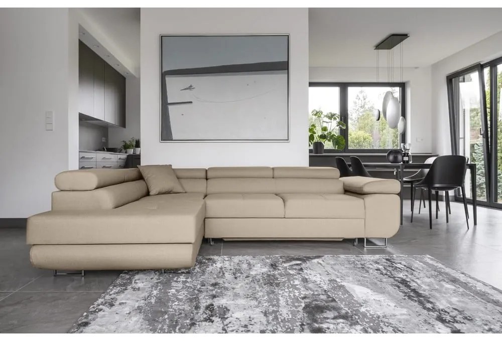 Colțar bej extensibil/cu spațiu de depozitare (cu colț pe partea stângă/în formă de ”L”) Anton – ELTAP