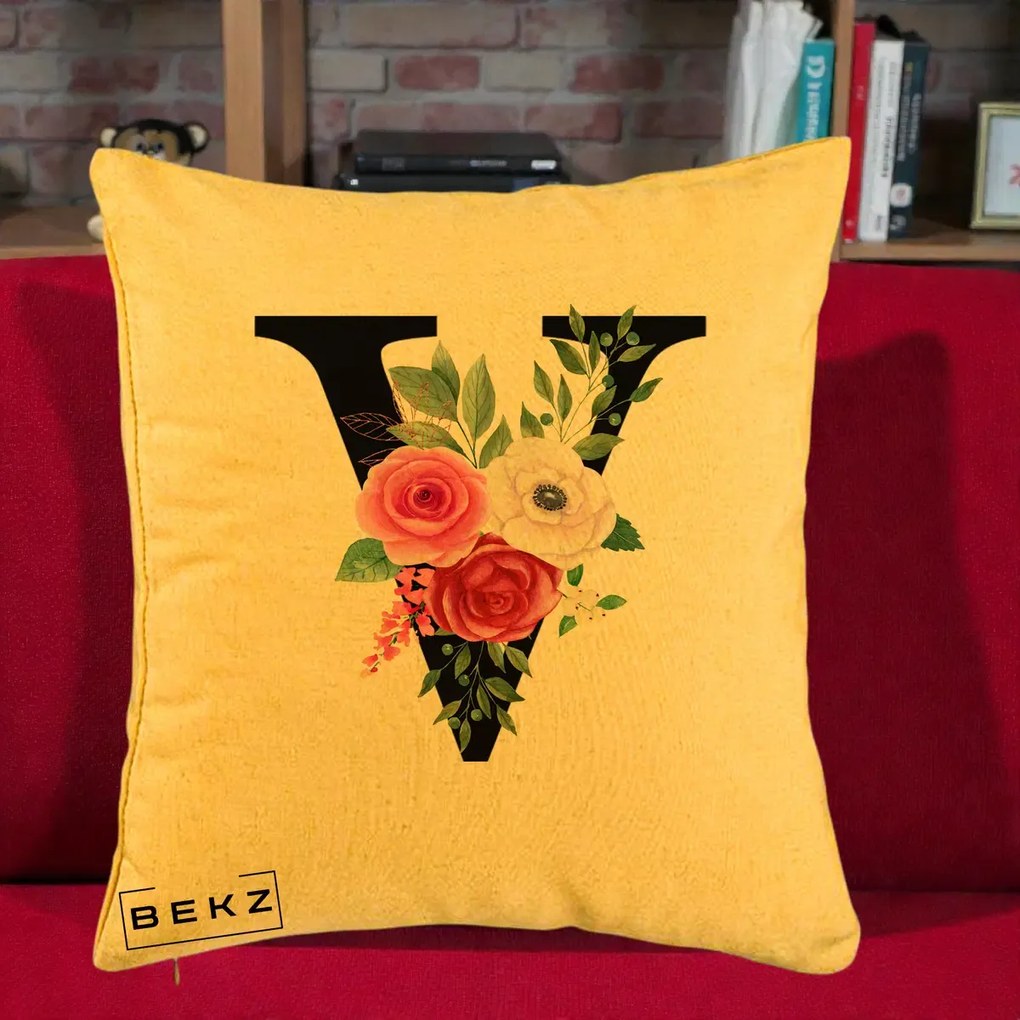 Cadou Personalizat - Perna Personalizata Monograma Florala Litera V cu Buchet, 40x40 cm, Galben, Husa Detasabila, Perna Inclusa, BEKZ®