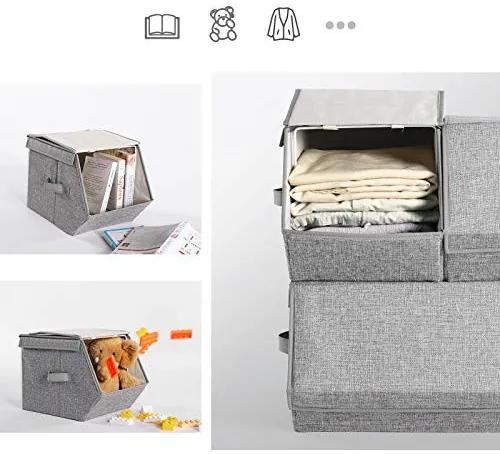Set 3 cutii depozitare cu capac, textil / metal, gri, Songmics