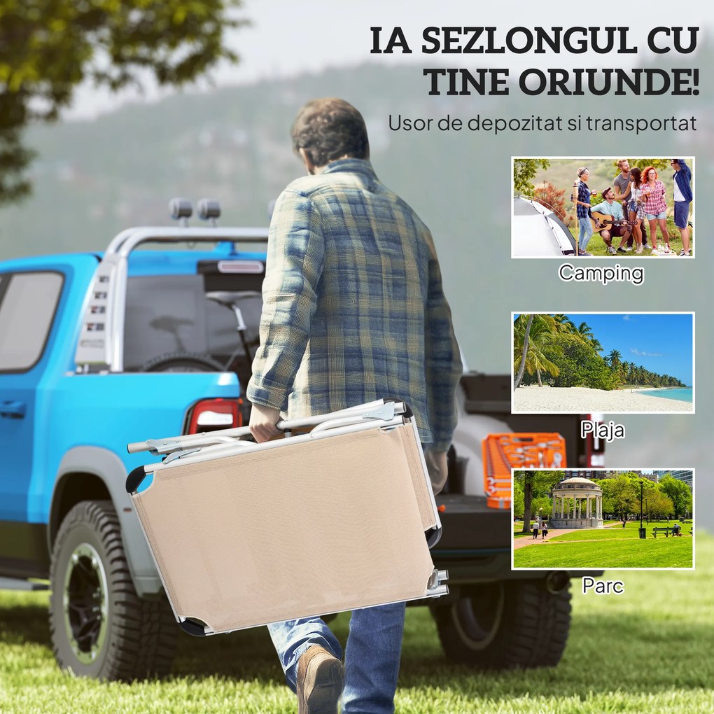 Outsunny Șezlong de plajă, Pliabil cu suport pentru cap, spătar reglabil, aluminiu și textilene, bej | Aosom Romania