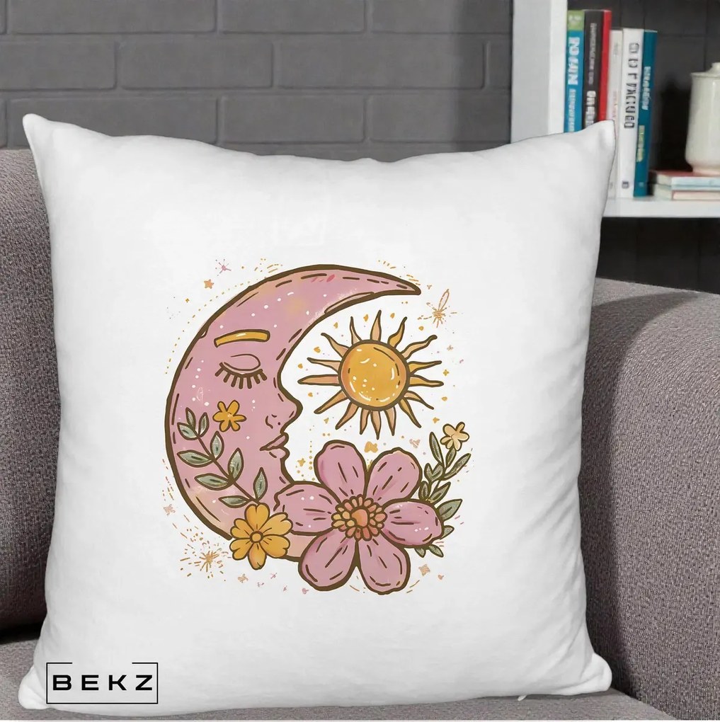 Perna Personalizata Luna si Soare Floral Boho, 40x40 cm, Alb Pufos, Husa Detasabila, Perna Inclusa, BEKZ®